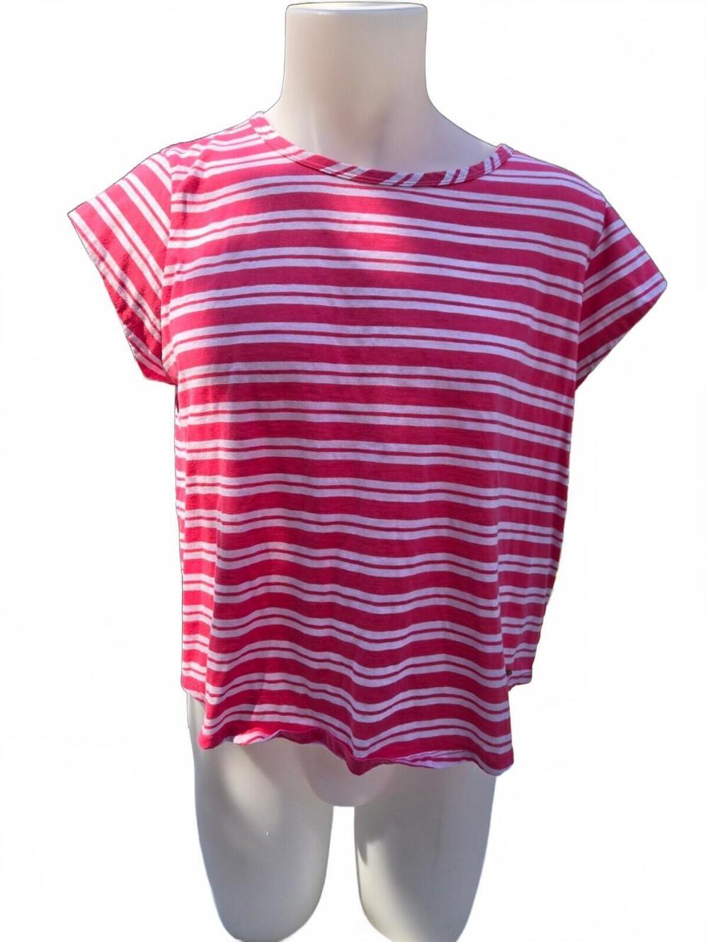 Nautica Women's XL Short Sleeve Striped T-Shirt Pink White Keyhole Back